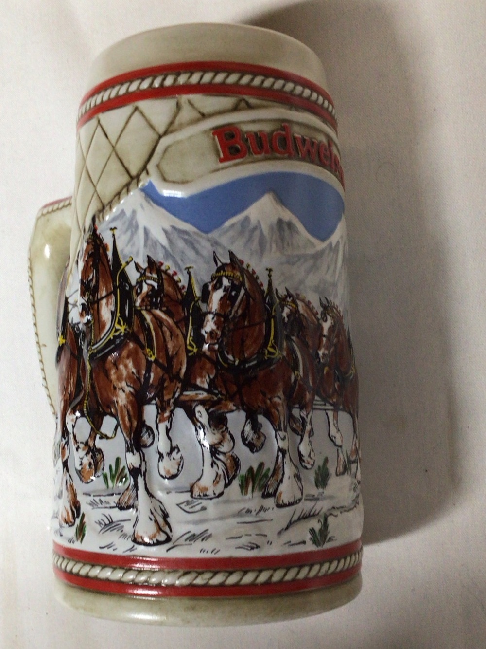 Budweiser Ceramic Stein with Red, Blue, Brown and White Finish
